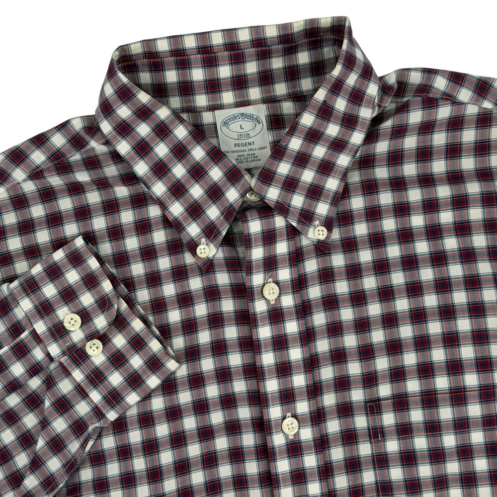 Brooks Brothers Button Down Men L Burgundy Plaid Cotton Regent Non-Iron Shirt